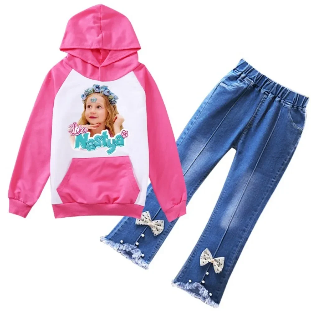 New Kawaii Like Nastya Love Hoodie Kids Spring Autumn Hoodie+Denim Pants 2pcs Sets Boys Cartoon Tracksuits Toddler Girls Outfits