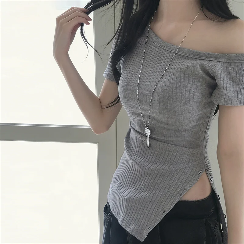 Goth Dark Casual Short Sleeve Off Shoulder T-shirts Y2K Aesthetic Irregular Hem Button Design Tee Shirt Mall Gothic Slim Tops