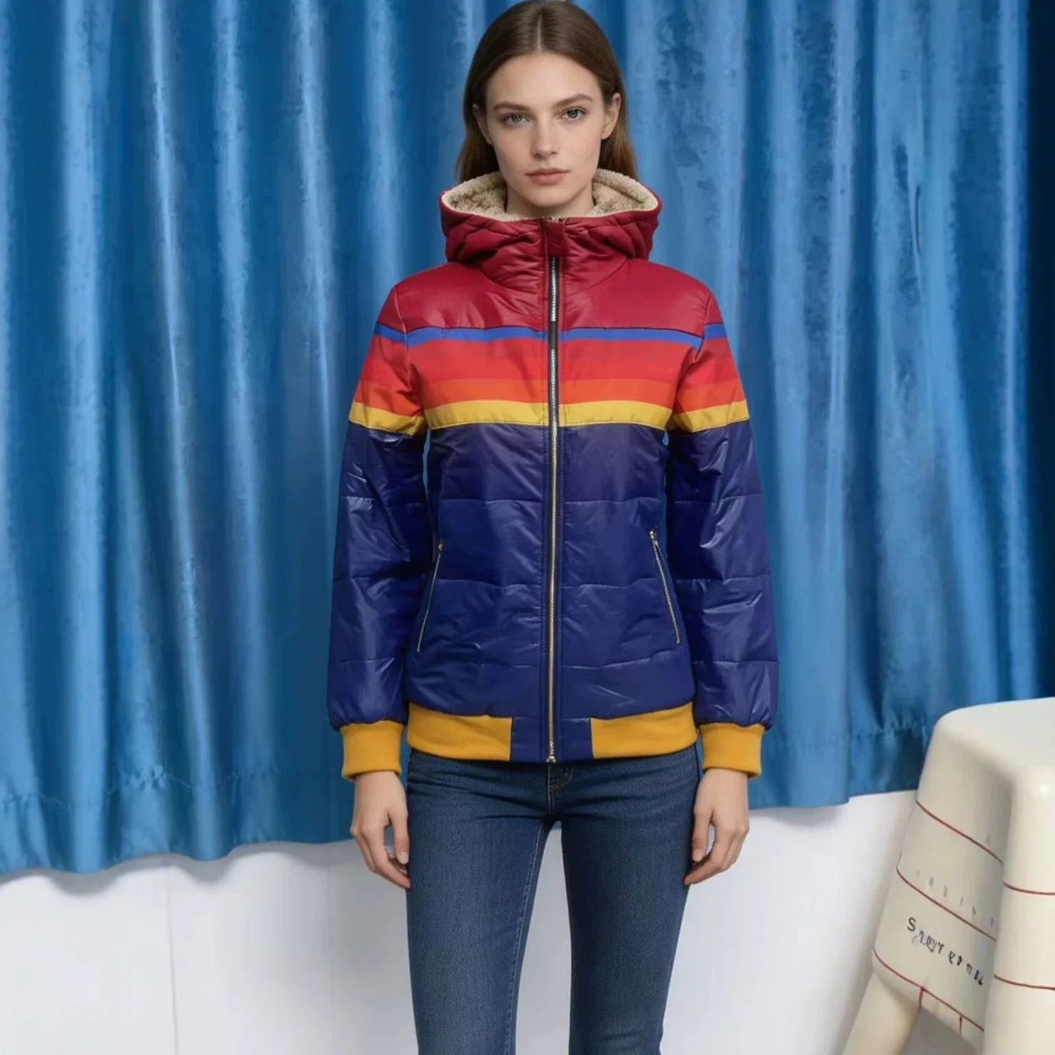 2026 New White Duck Down Jacket Fashion Street Contrast Color Printed Parkas Women Winter Hooded Thicken Maillard Coat Outerwear