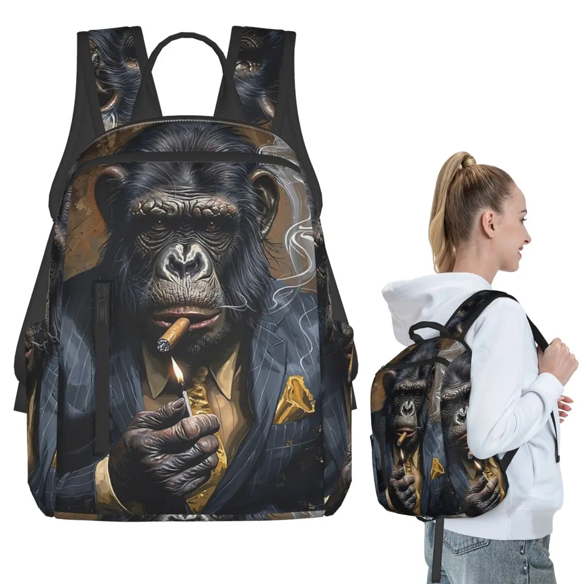 

Gentleman's Smoking Monkey Print Backpack Student BookBag Children School Bag Computer Shoulder Bags Boys Girls