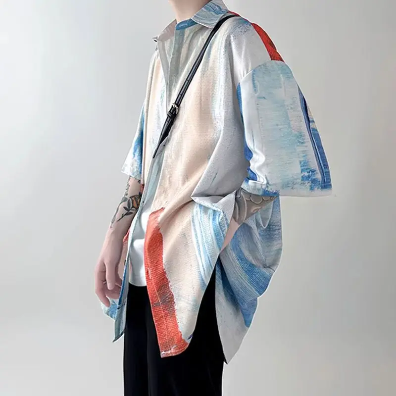 Summer New Turn-down Collar Fashion Short Sleeve Shirt Man High Street Loose Tie Dye Button Cardigan Y2K Youth All-match Tops