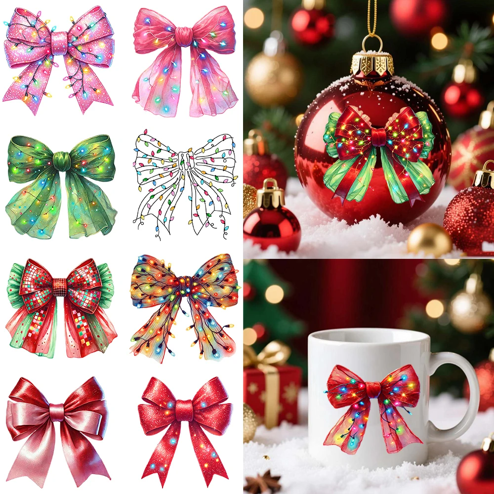 Cartoon Christmas Lights Coquette Bow Waterproof Sticker UV DTF Cup Wrap Transfers Sticker Custom Label DIY Mugs Decals