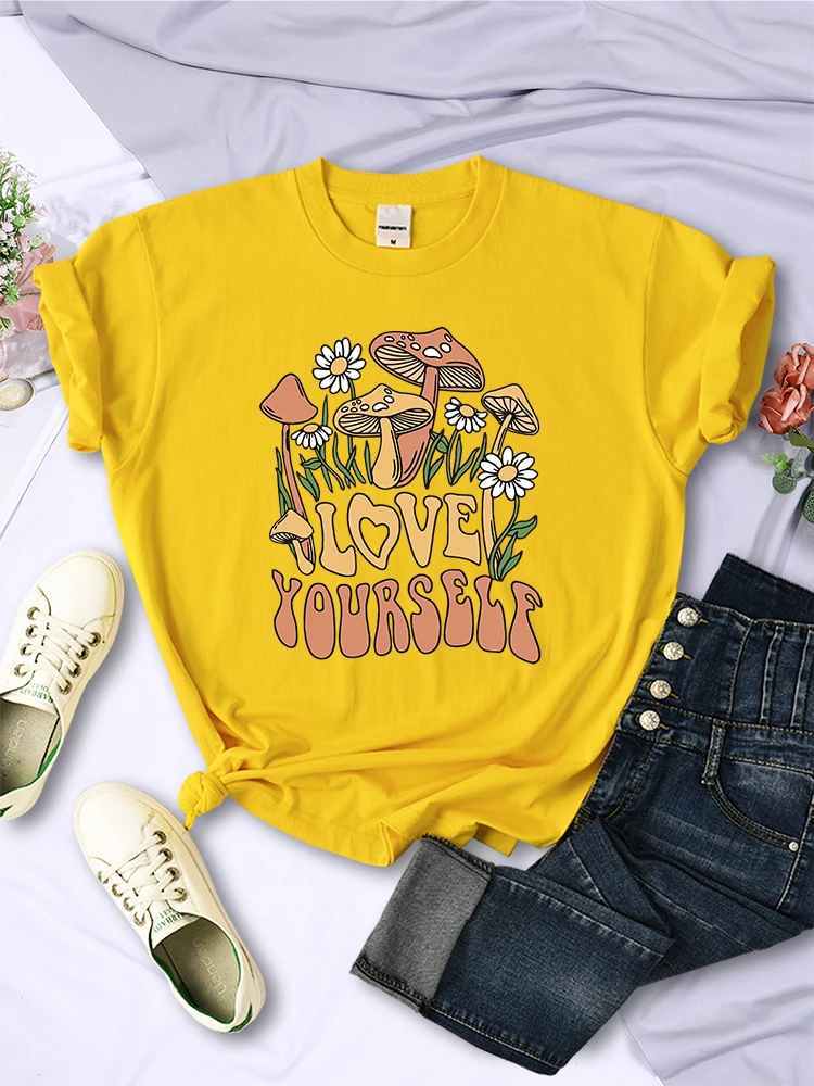 Cottagecore Style Mushroom Love Yourself Cute Printed T-Shirt Women Summer Breathable Short Sleeves Personality Hip Hop Tees