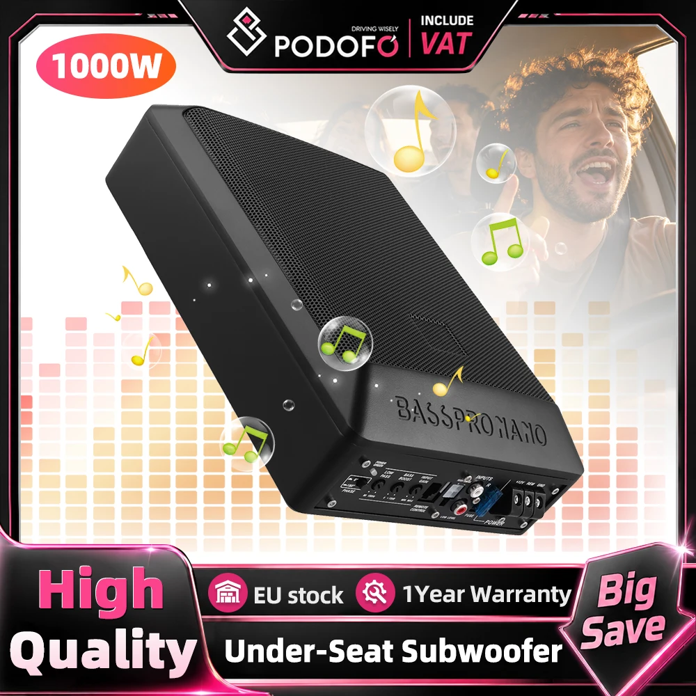 Podofo Slim Aktiver Subwoofer-Verstärker-Kit für unter den Sitz, 1 Set mit Audiokabel für die Nachrüstung der meisten 12V-Autostereosysteme.