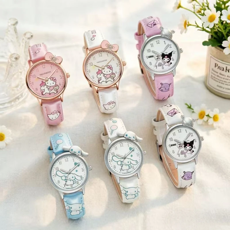 Reloj infantil Sanrio Hello Kitty Cinnamoroll Kuromi, bonito reloj de pulsera de cuero con dibujos animados, reloj de cuarzo para niñas, regalo de cumpleaños