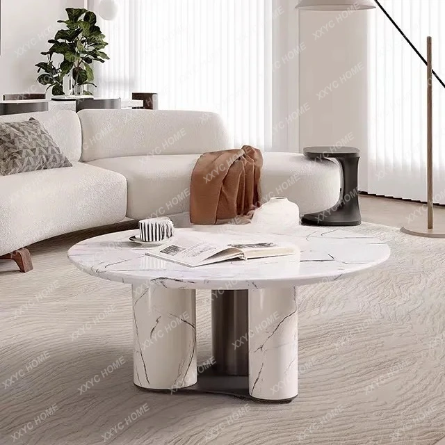 Snow Mountain White Marble Round Coffee Table  Stainless Steel Marble Coffee Table