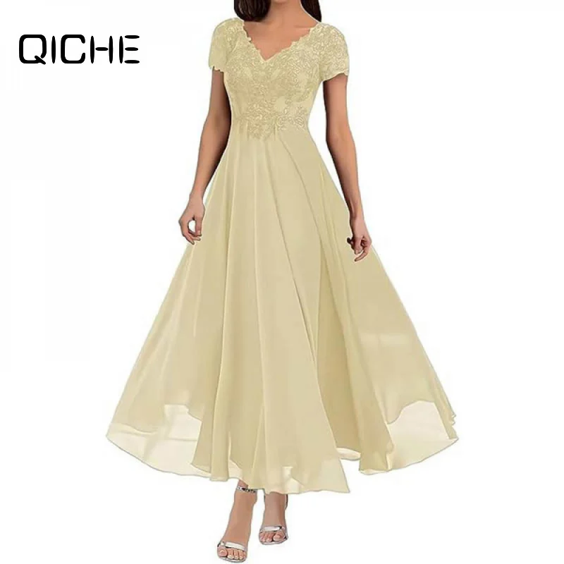 QICHE 2026 European American Women Lace Maxi Dress Half Sleeve Applique Elegant Banquet Evening Gown Party Long Dress