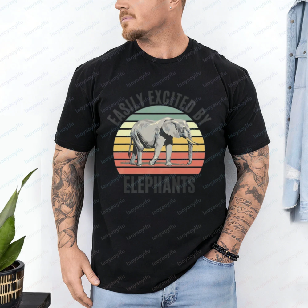 T-shirt en coton pour hommes, facilement excitable à l'effet des éléphants, avec image d'éléphant au coucher du soleil, décontracté, pour amoureux des animaux, Streetwear à la mode