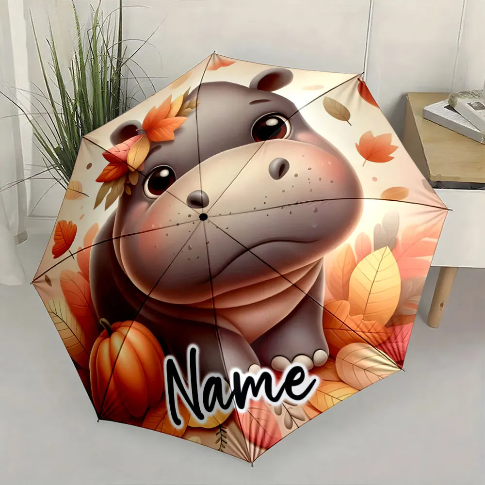 Custom Name  Adorable Hippo Autumn Umbrella Design Print 8 Iron Ribs Folding Umbrella Auto-Open Fashion Sunshade