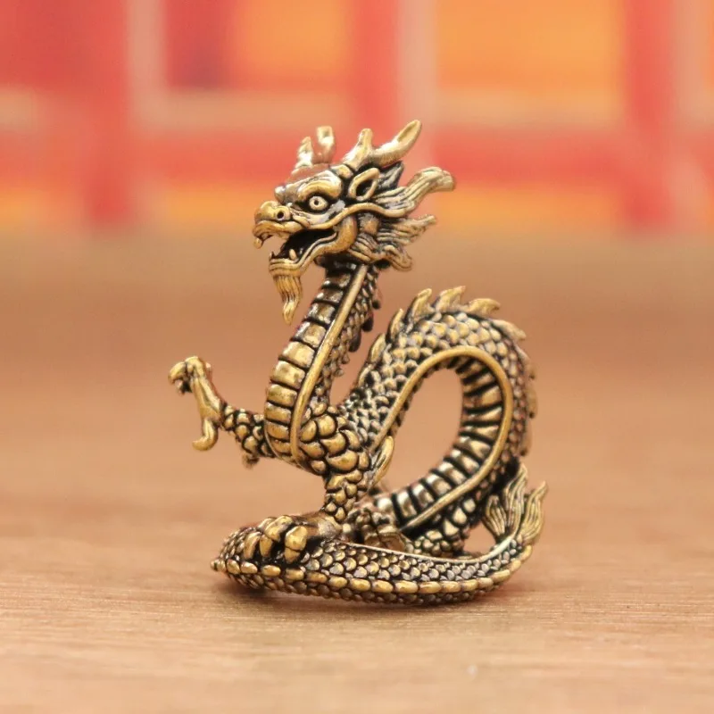 Brass Chinese Dragon Figurine Vintage Bronze Loong Statue Mini Ornament, Oriental Zodiac Dragon Sculpture for Home Desk Decor,