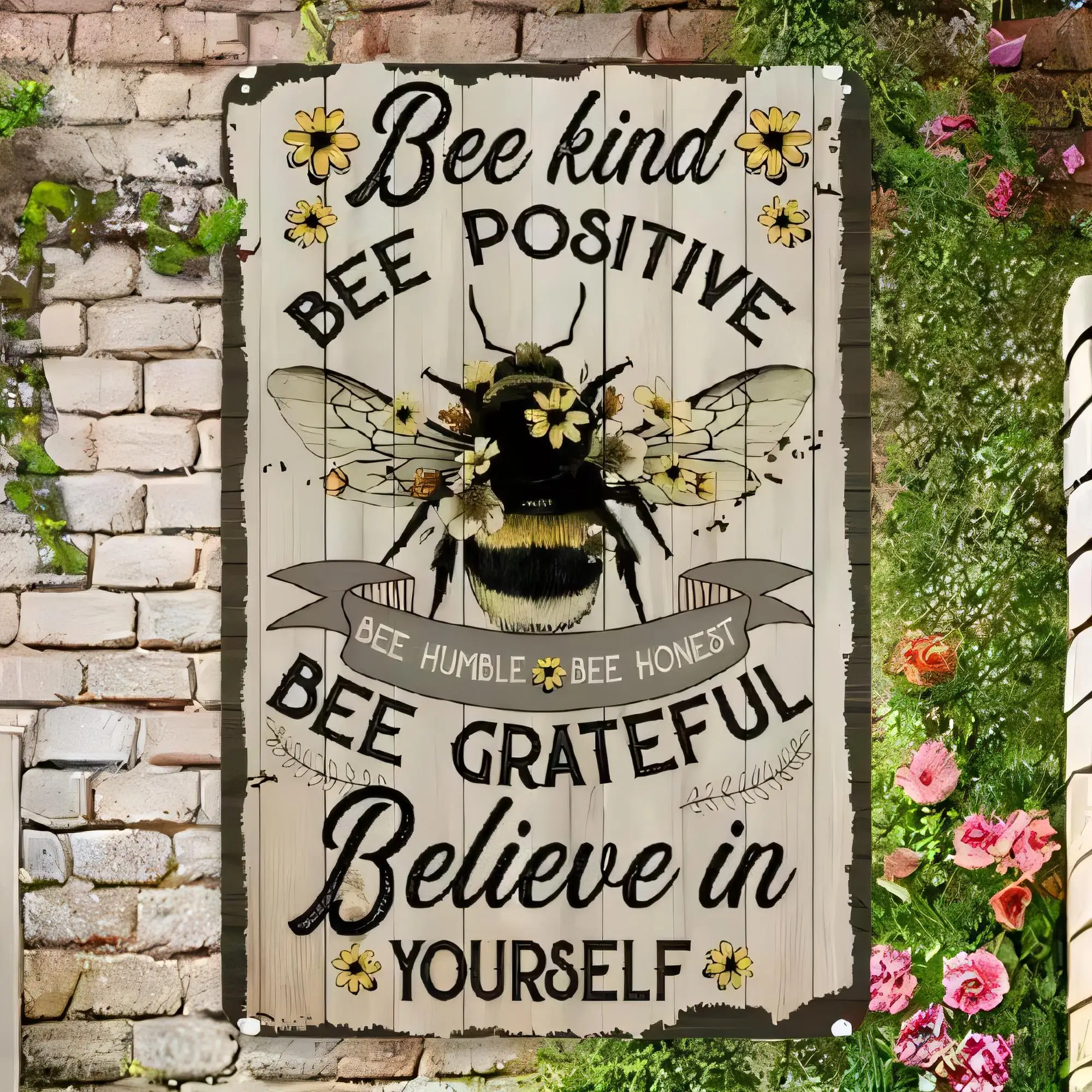 Tin Sign Bee Kind Be Humble Bee Honest Bee Grateful Believe in Yourself Wall Decor Vintage Metal Plaque for Garden Patio Yard Ho