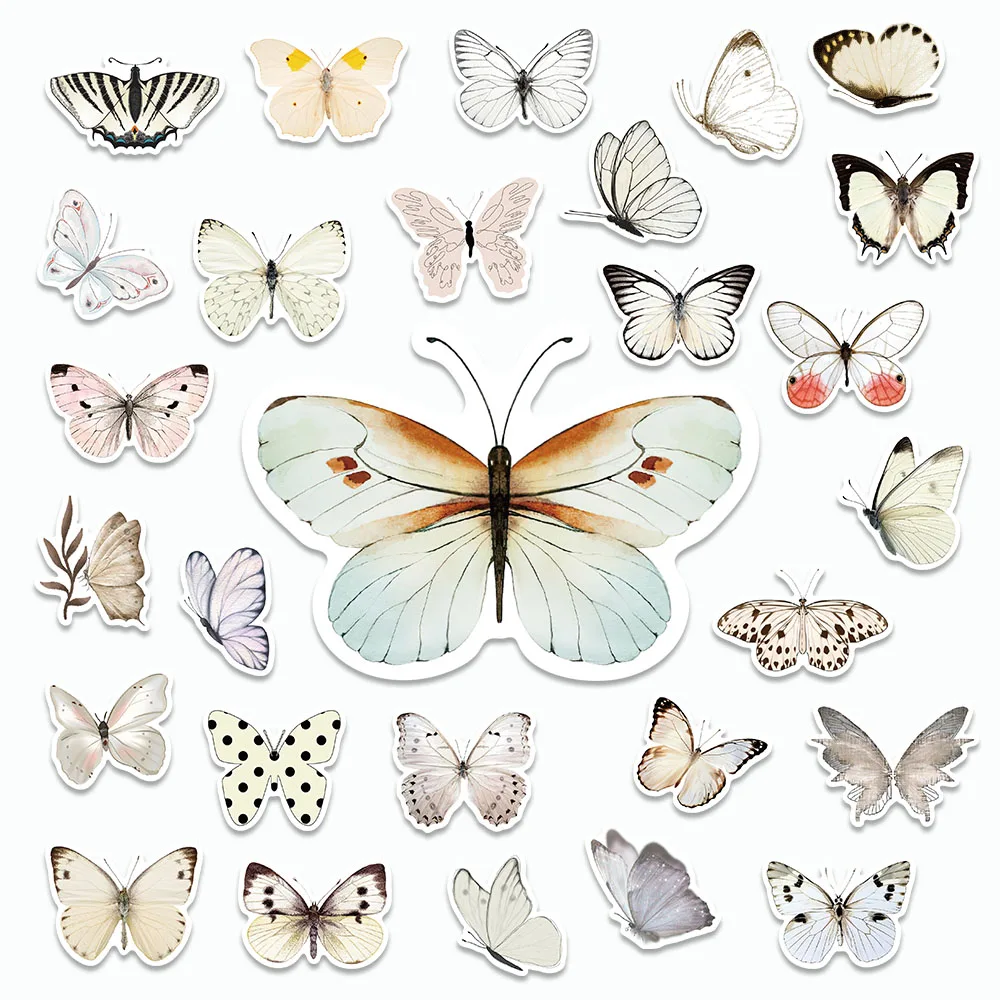 

50PCS Retro White Butterfly Series Stickers Cartoon INS Style Aesthetics Decals For Laptop Refrigerator Scrapbook Skateboards St