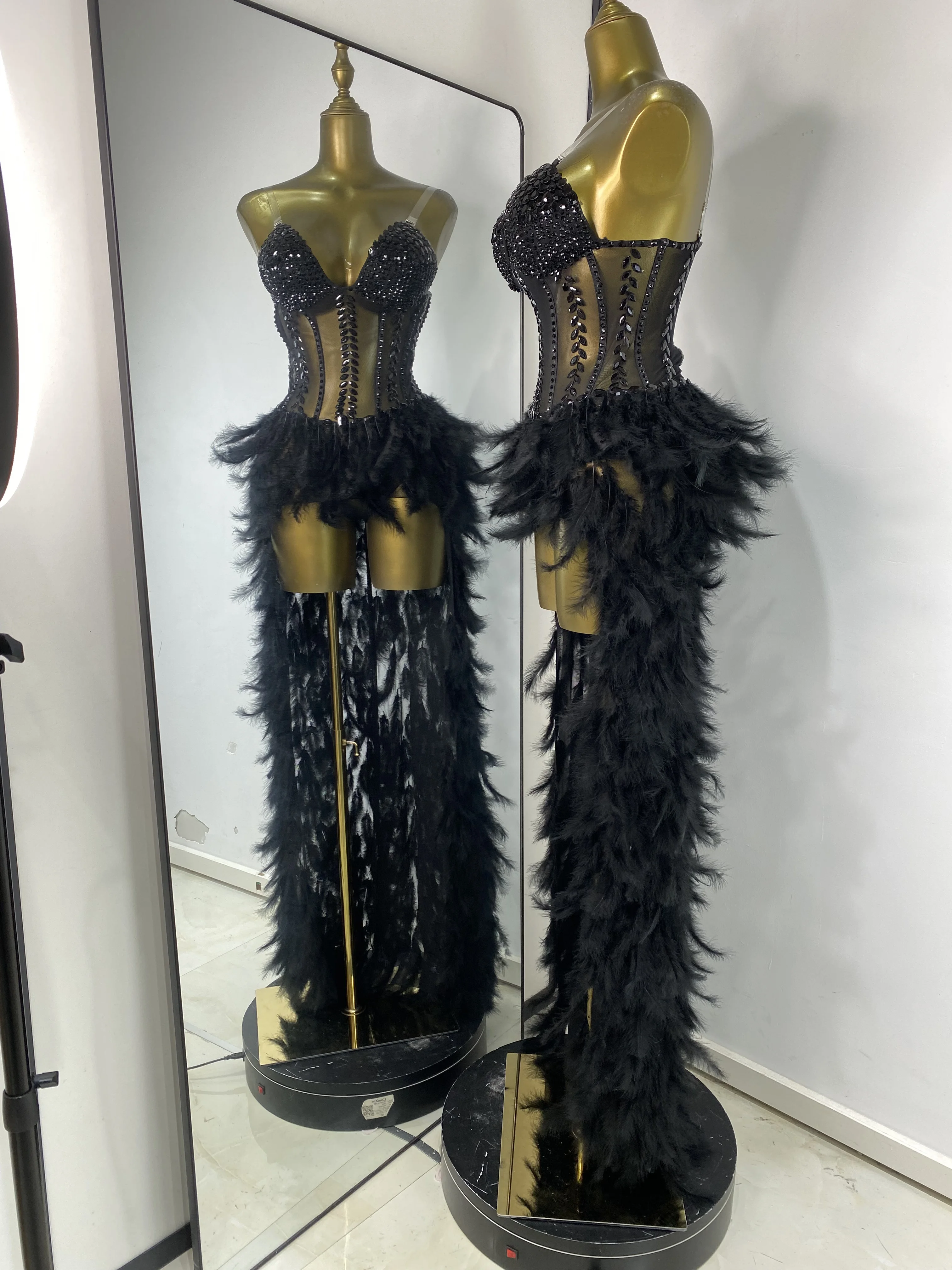 Women Black Prom Gowns Sexy Deep V Neck Crystal Bustier Corset Bodysuit Feather Dress Short Front Long Back Dancer Stage Costume