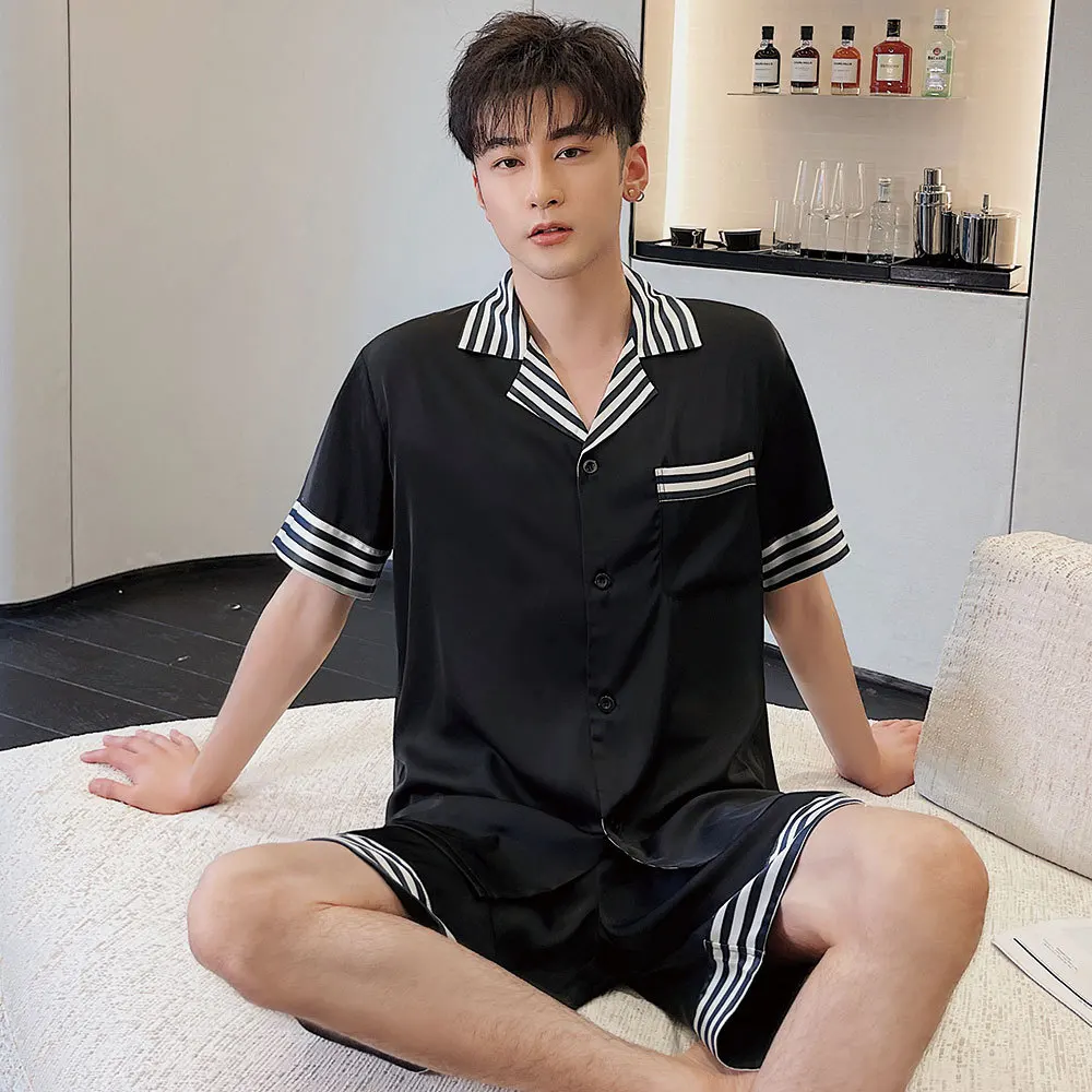 

Autumn Men Satin Striped Turn-Down Collar Short Sleeve Shirt Shorts Pijama Sleepwear Pajama Nightwear Homewear