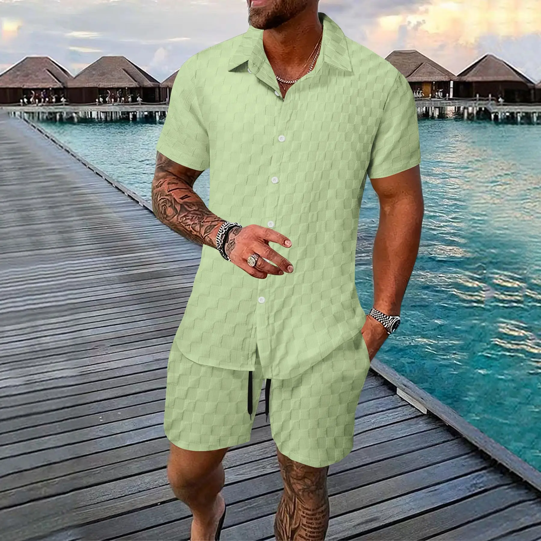 Summertime New style Men's Lapel Plaid Short-Sleeved Shirt Fashion Casual Loose Pocket Short-Sleeved Shorts Beach Suit