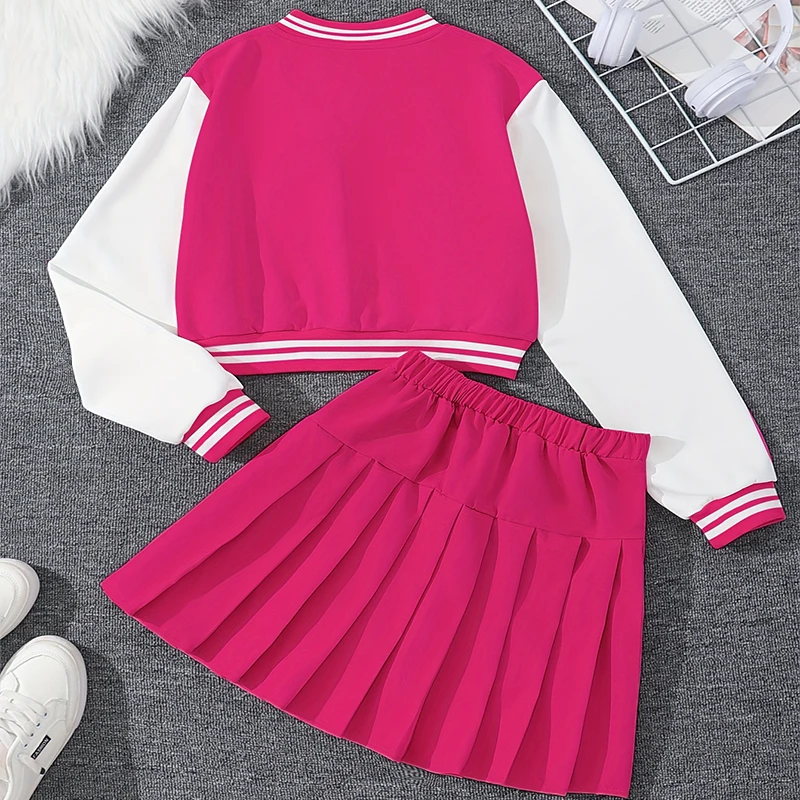 Two Piece Set Of Autumn And Winter Girls Letter Embroidery College Style Baseball Uniform Half Body Pleated Skirt Party Set