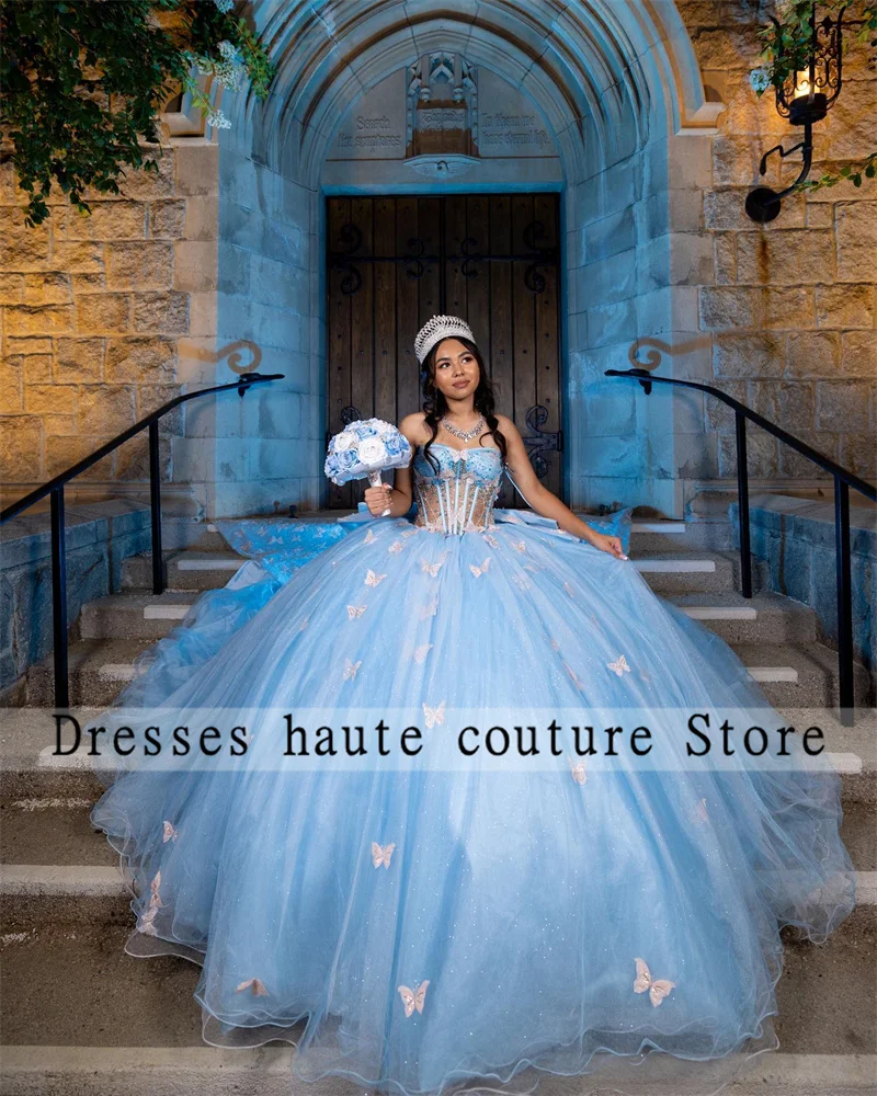 Himmelblau quince anera kleider mit s bogen ballkleid geburtstags kleid schnüren prinzessin süß 15 16 vestidos de quinceañera