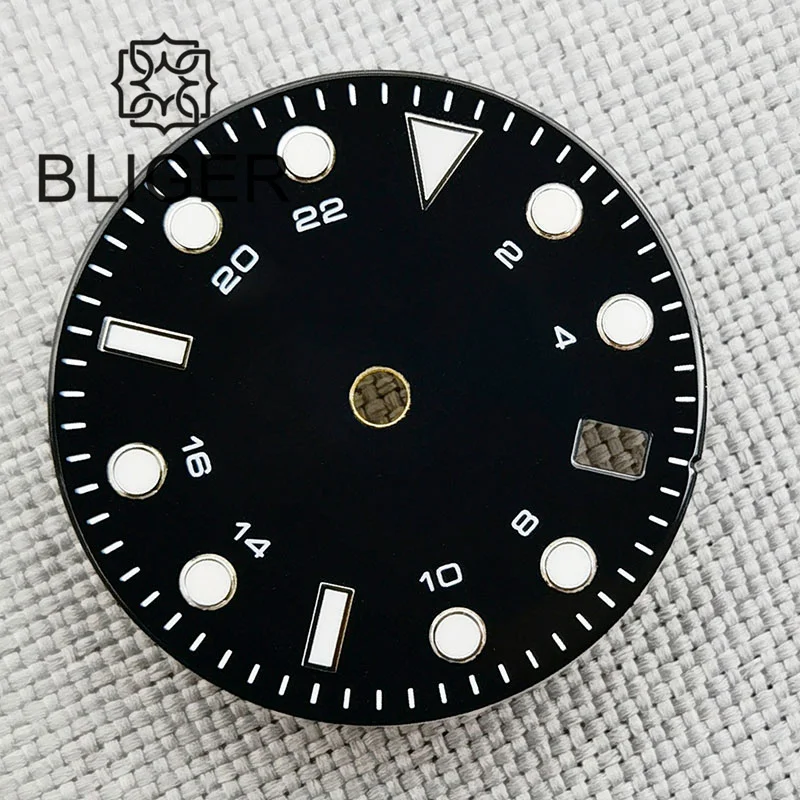 BLIGER 29mm Watch Dial Black White Blue Black Silver Edge Time Mark Green/Blue Luminous Dial Fit NH34 NH35 Movement Date Window