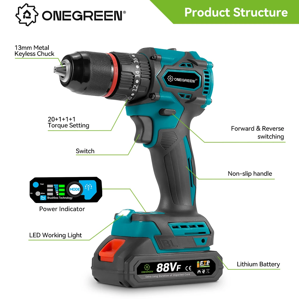 ONEGREEN 480N.M Brushless Electric Impact Drill 13mm Cordless Drill Electric Screwdriver Power Tools For Makita 18V Battery