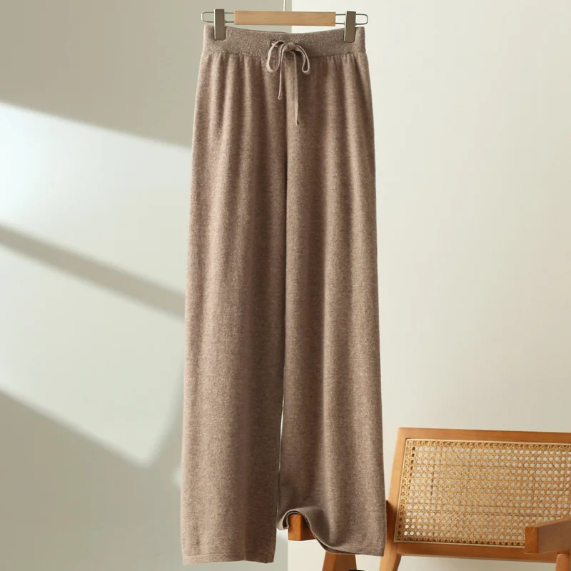 Women's 100% Merino Wool Knit Wide Leg Pants Drawstring Elastic Waist Minimal Elegant Relaxed Fit Autumn Winter Knit Bottom