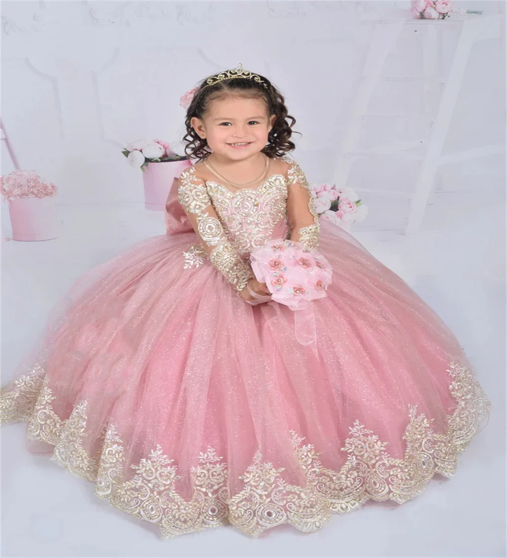 

Cute Powder Blusher Powder Flower Girl Dresses For Weddings Toddlers Satin Bow Ball Gown Pageant Dress Sparkly 1st Communion