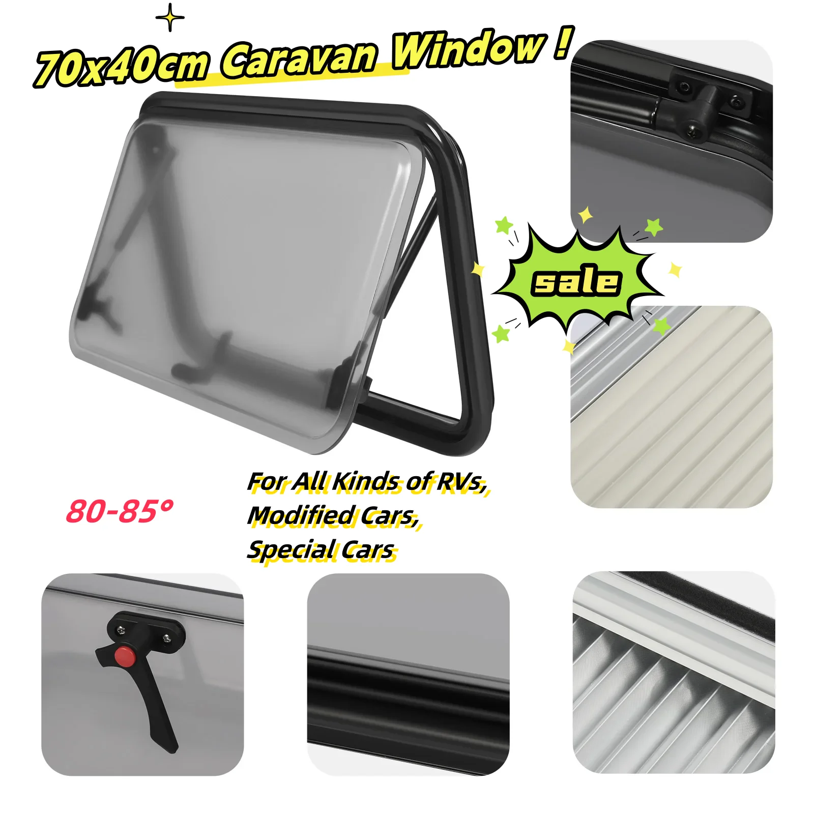 70x40cm Caravan Window Motorhome Window Side window Aluminium Aloy Insect Screen Sun Protection Privacy Fly screen 80-85°