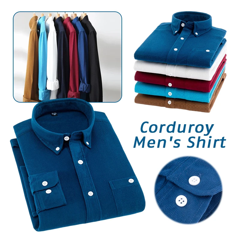 Fashion Corduroy Men's Shirt Autumn Winter Business Slim Long-sleeved Plain Shirt Thickened Warm Solid Color Buttons Lapel Top