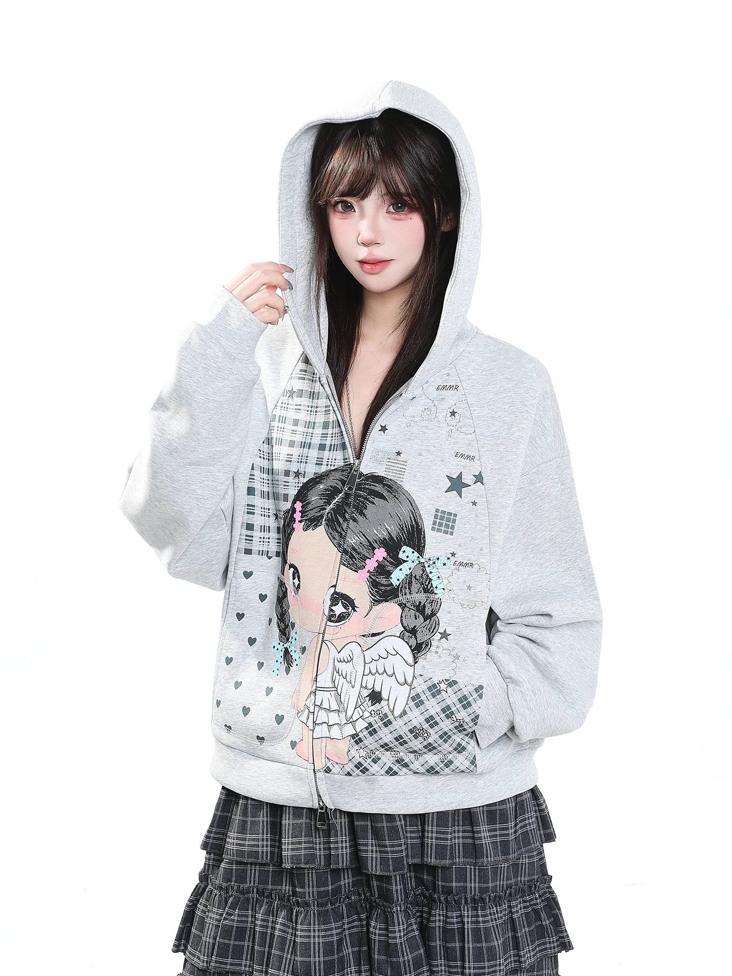 Cute Cartoon Anime Printed Open Cardigan Hoodie Women's Loose Casual Zipper Design Girl Feeling Outerwear Short Sleeve Long S...