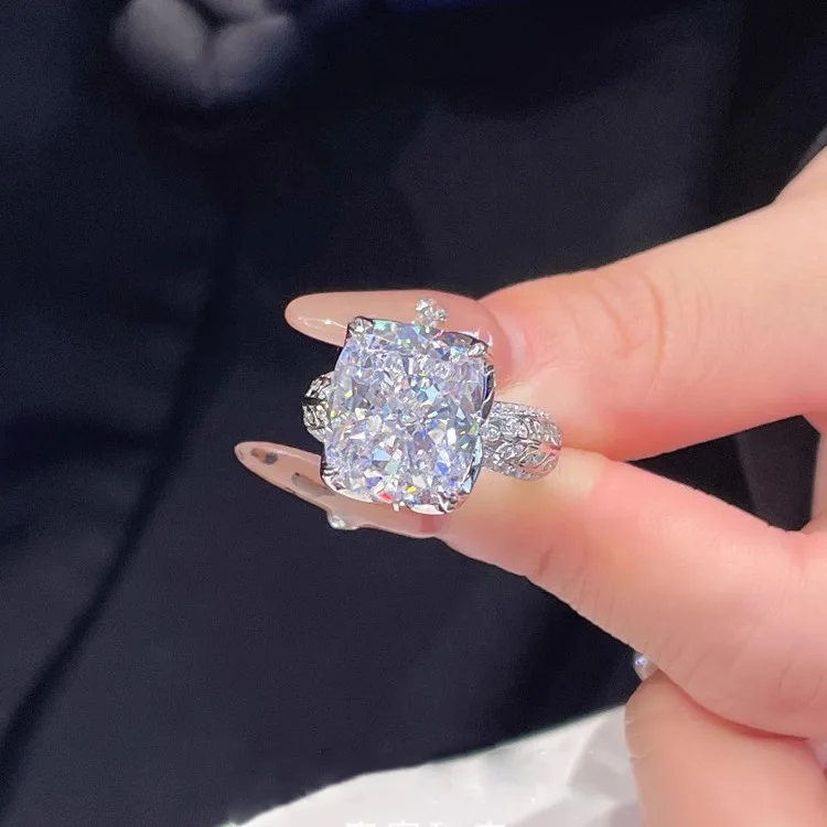 Women s S925 Sterling Silver Ring Featuring Yellow Ice Flower Cut Diamond And Fat Rectangular Pink White High Carbon Diamond