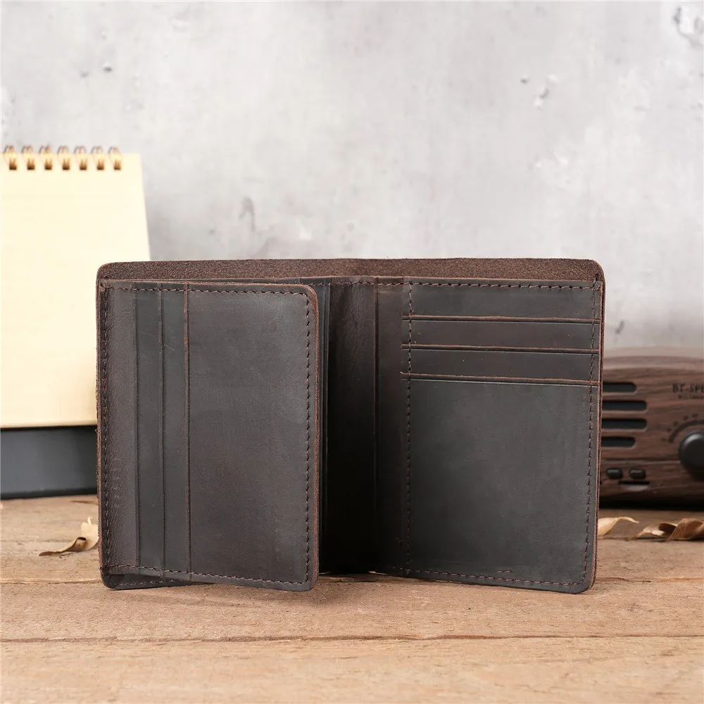 

Мужской деловой вертикальный кошелек из кожи Crazy Horse, натуральный кожаный кошелек-бифолд с множеством отделений для карт и окошком для ID, 100% кожа