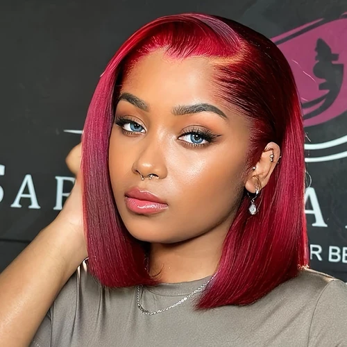 Imagen 1 del producto Peluca Bob de cabello humano 13X4 HD con encaje Frontal corto recto con encaje Frontal Bob pelucas para mujeres negras cabello humano vino rojo 99J Borgoña