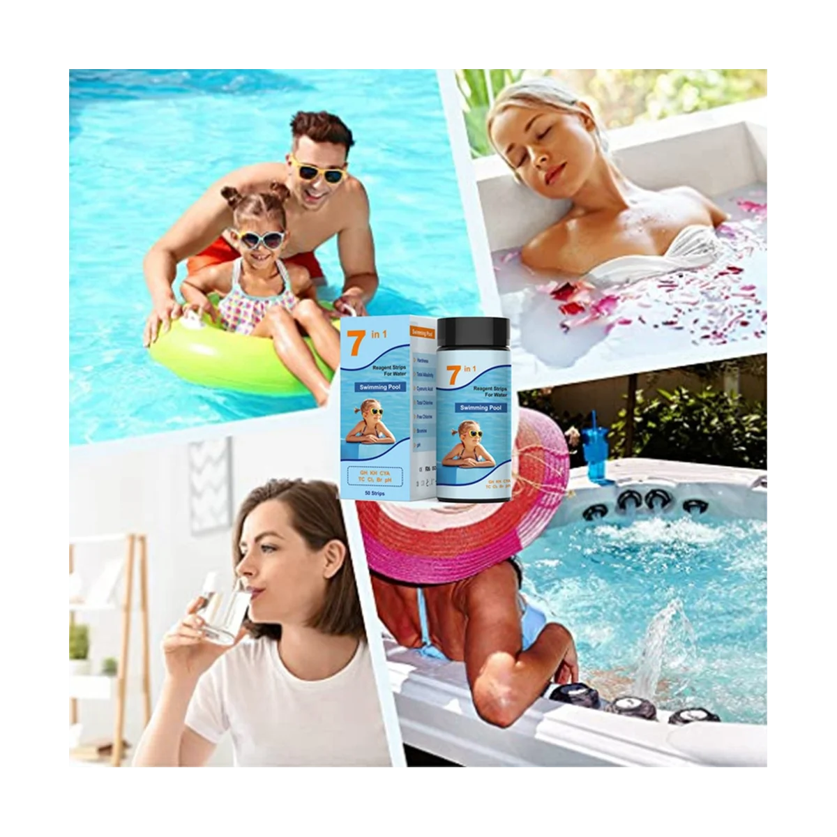 100 Uds 7 en 1 Kit de prueba de piscina y jacuzzi dureza del ácido clorociano duro bromo Residual papel de prueba de calidad del agua-ABWY