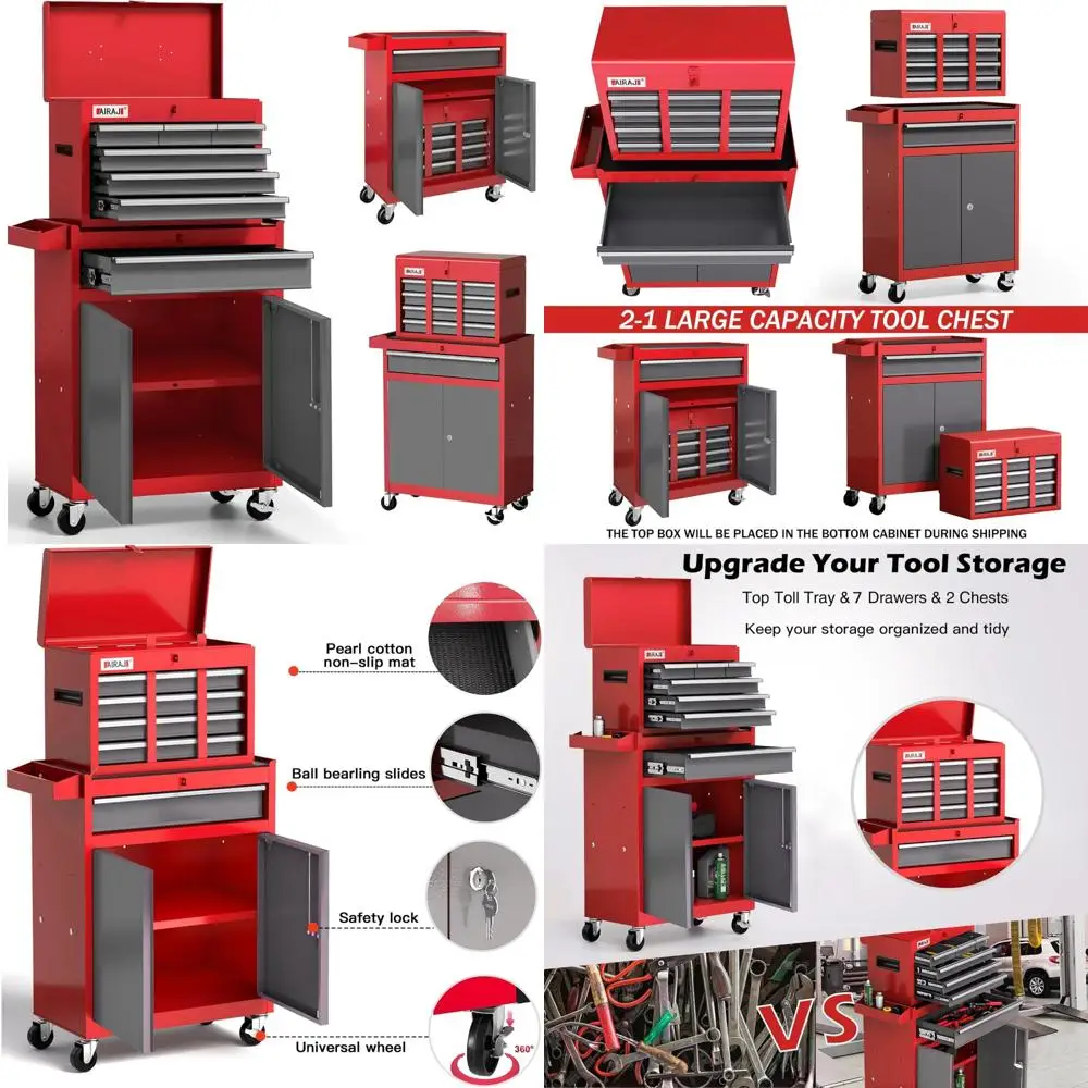 Скриня для инструментов на колесиках с 7 ящиками, высота 40 со съемной металлической верхней коробкой для ремонта и хранения в гараже
