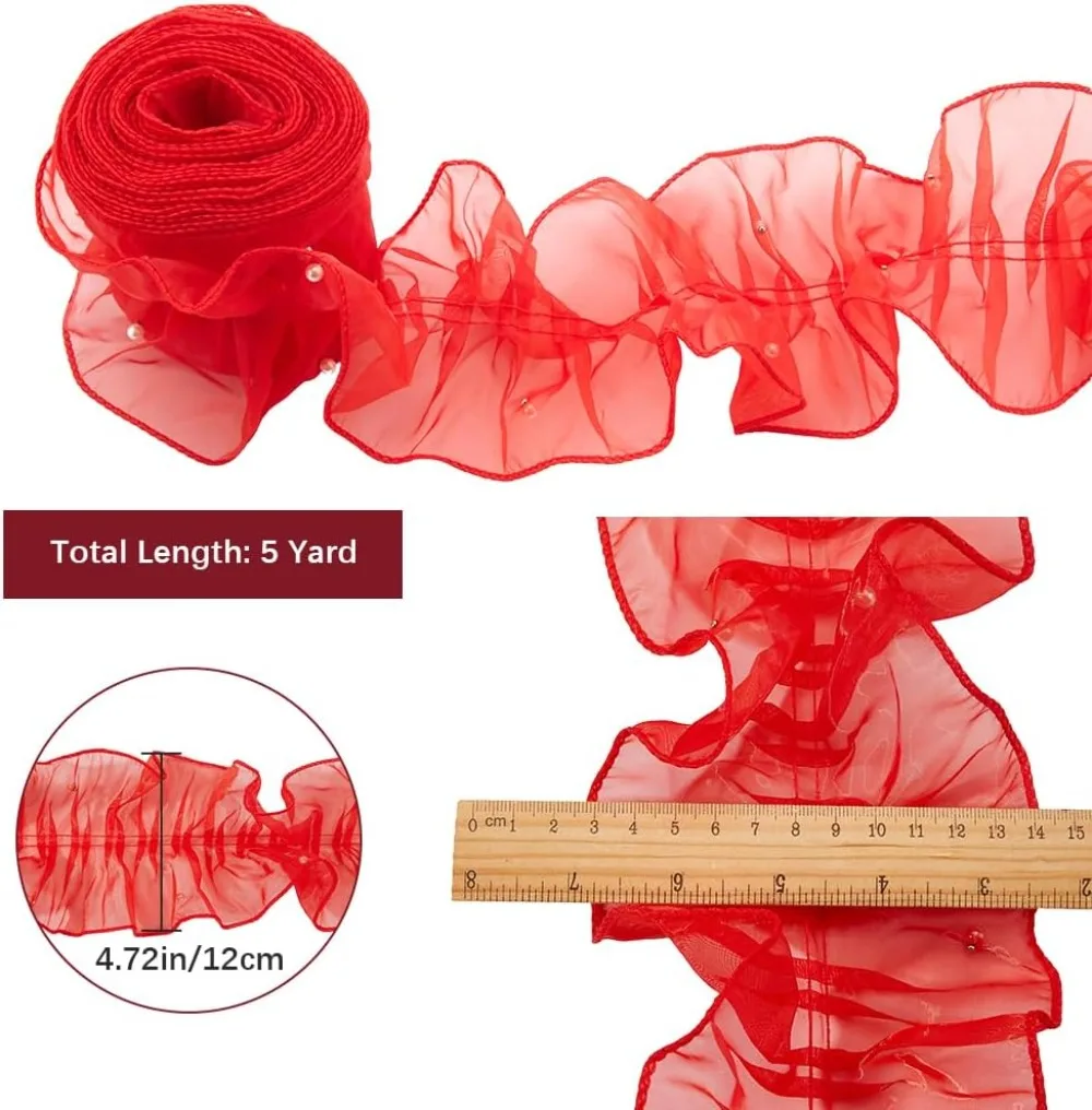 5 Yards Red Lace Ribbon Organza Fabric Ruffle Pleated Trim 4.72 Inch Width Retro Tulle Chiffon Trimmings Edge Pearl Beads