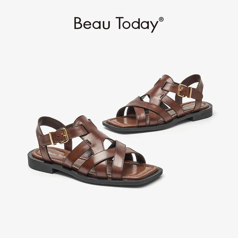 

BeauToday Gladiator Sandals Women Calfskin Genuine Leather Square Toe Slingback Crossed-over Straps Lady Shoes Handmade 32375