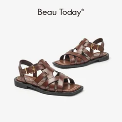 BeauToday sandały gladiatorki kobiety skóra cielęca prawdziwej skóry kwadratowe Toe Slingback skrzyżowane paski buty damskie Handmade 32375