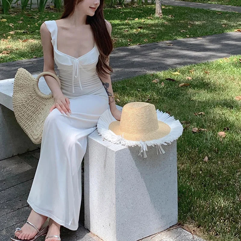 Summer Women Party Backless Bandage Dresses Lady Daily Holiday Leisure Satin Dress Female Gentle Aesthetic Long Bridal Dress