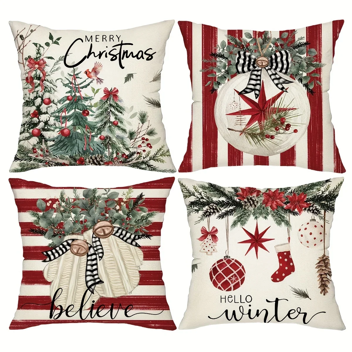 Rustic Linen Blend Throw Pillow Set, Christmas Tree Holiday Pattern,Zip Closure,Woven Decorative Cushion Set for Every Room Type