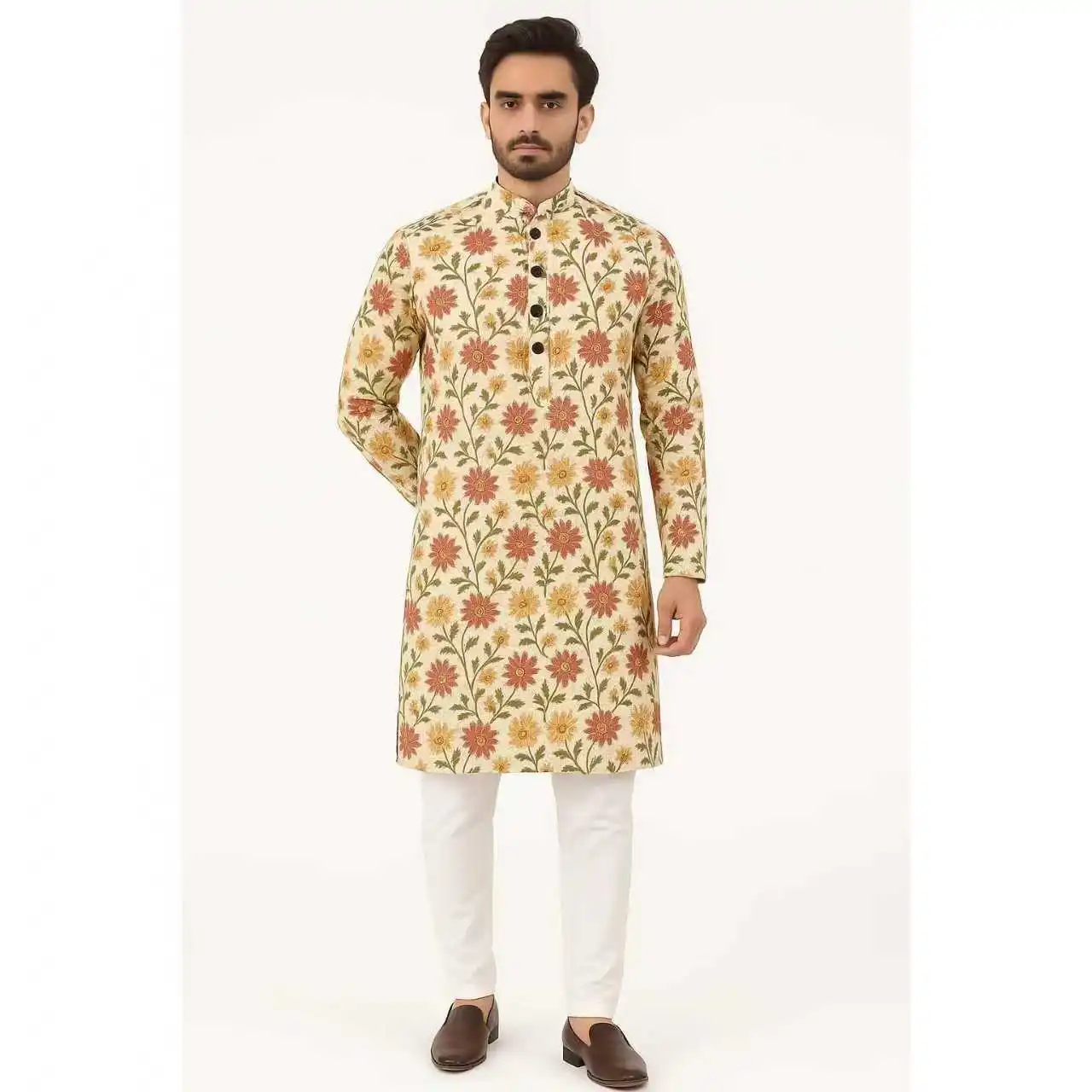 2026 uomo stampa digitale kurta pensiha vestibilità regolare colletto alla coreana lungo adatto a tutte le occasioni come matrimonio Hari Raya Aidilfitri