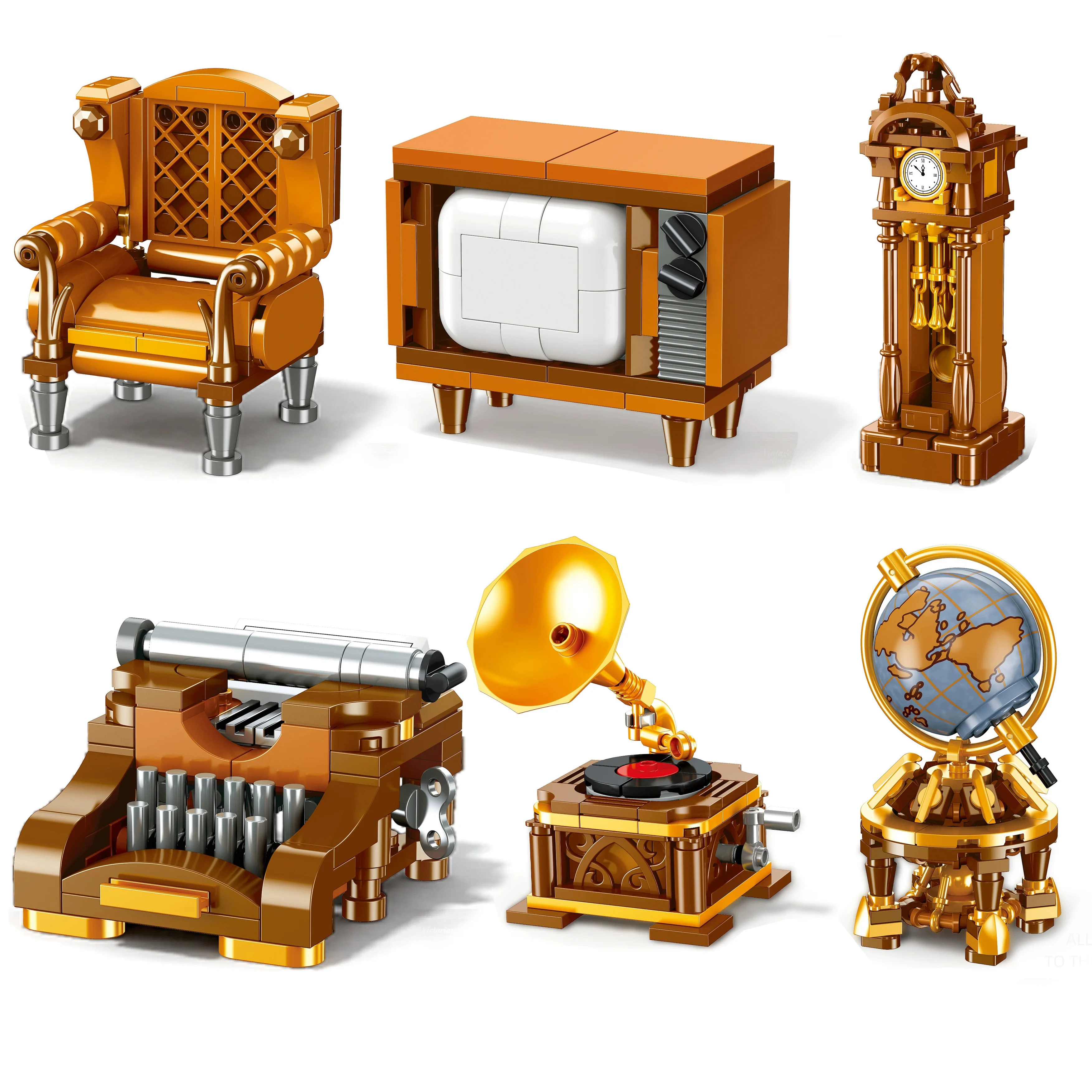 

MOC Ретро модель пишущей машинки, строительные блоки, телевизионный глобус, дедушка, часы, граммофон, кирпичи, сборные игрушки