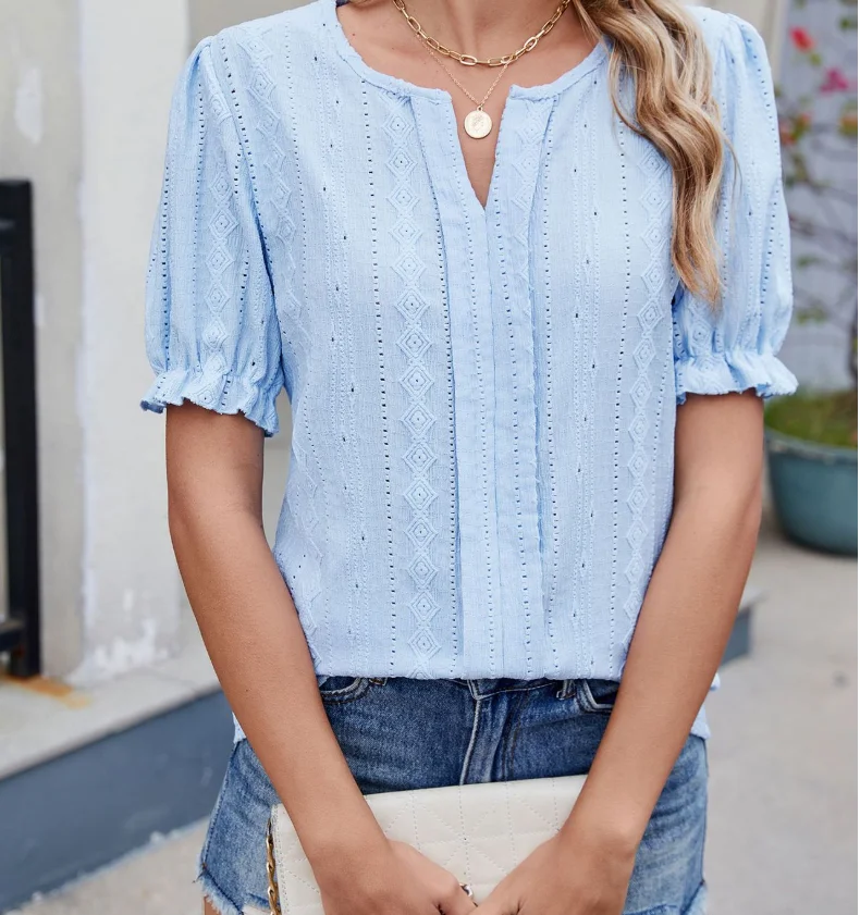 

Solid Color V-Neck Loose Bubble Sleeve Jacquard Hollow Pattern T-Shirt Top for Women's Summer Elegant Solid Color T-Shirt Top