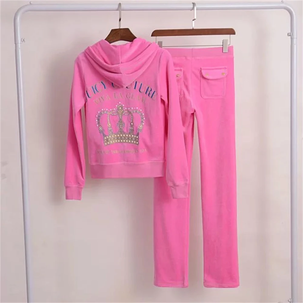 Juicy Cometure Velvet Tracksuit Suit Hooded Sweatshirt Women\'s Casual Long-Sleeved Top + Sports Pants Top Crown Embroidery