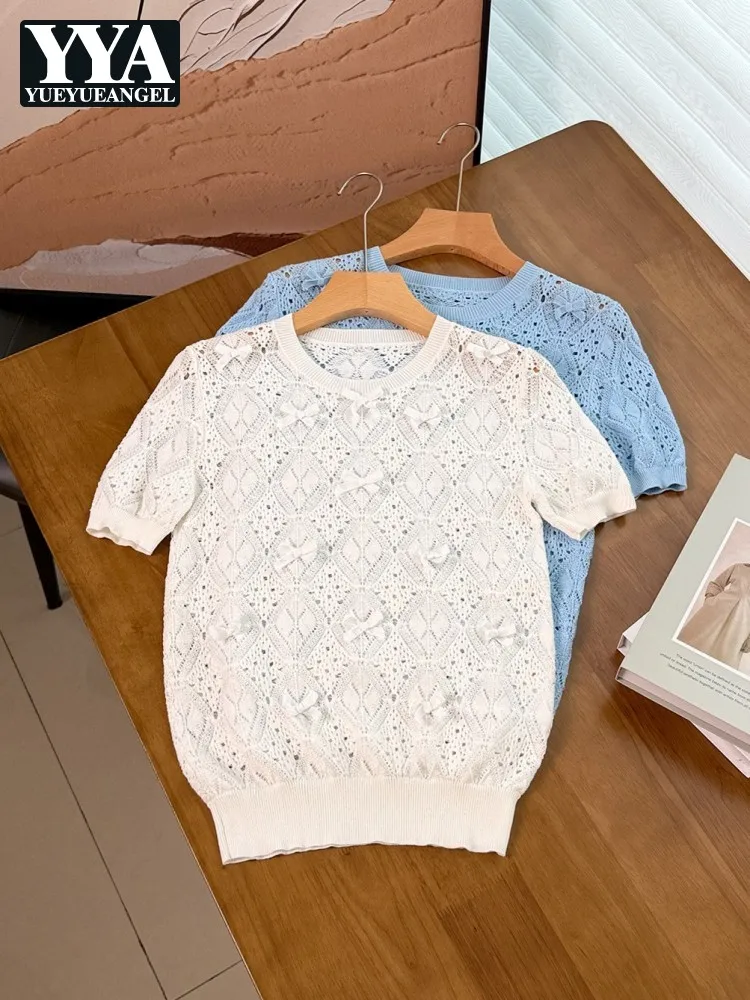 Damen Süße Schleifenknoten-Strickoberteile Kurzarm O-Ausschnitt Lässig Einfarbig Ausgehöhlt Modische Damen Sommer Pullover Baumwoll-Sweater