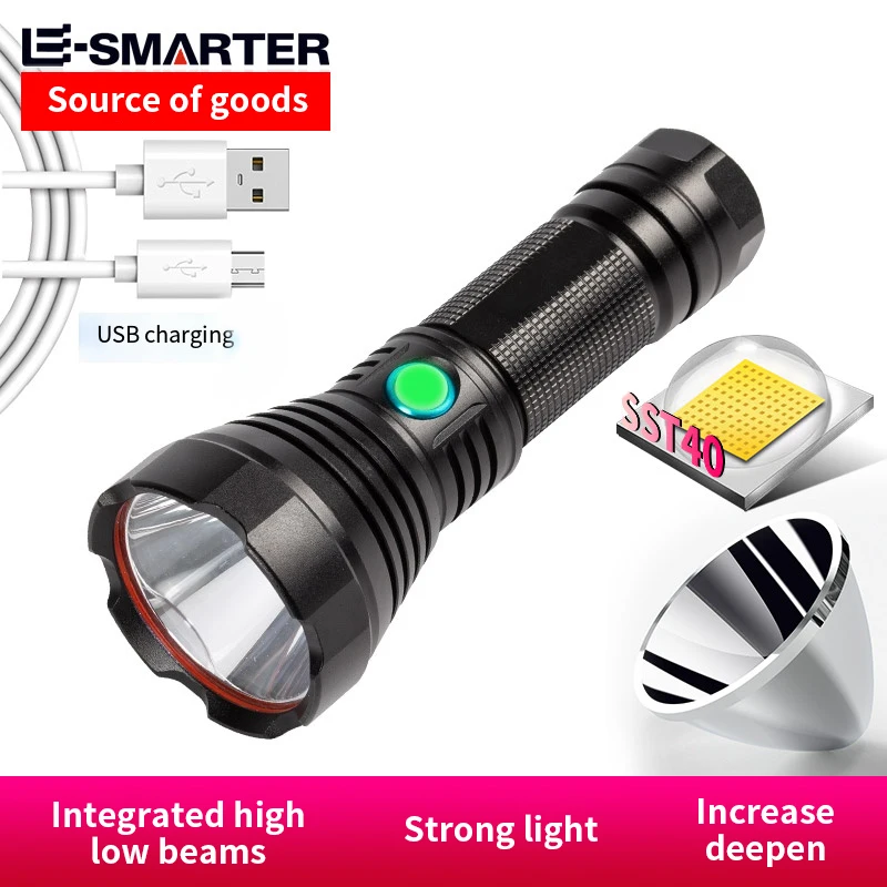 High Power Lighting Hiking Flashlight SST 40 LED Searchlight Tactics Flashlight USB Rechargeable Camping Flashlight