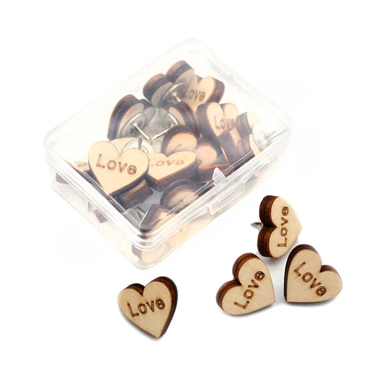 20pcs Push Pins Wood Heart Shape Thumbtack Board Pins Drawing Paper Photo Wall Studs Sationery Office Supplies