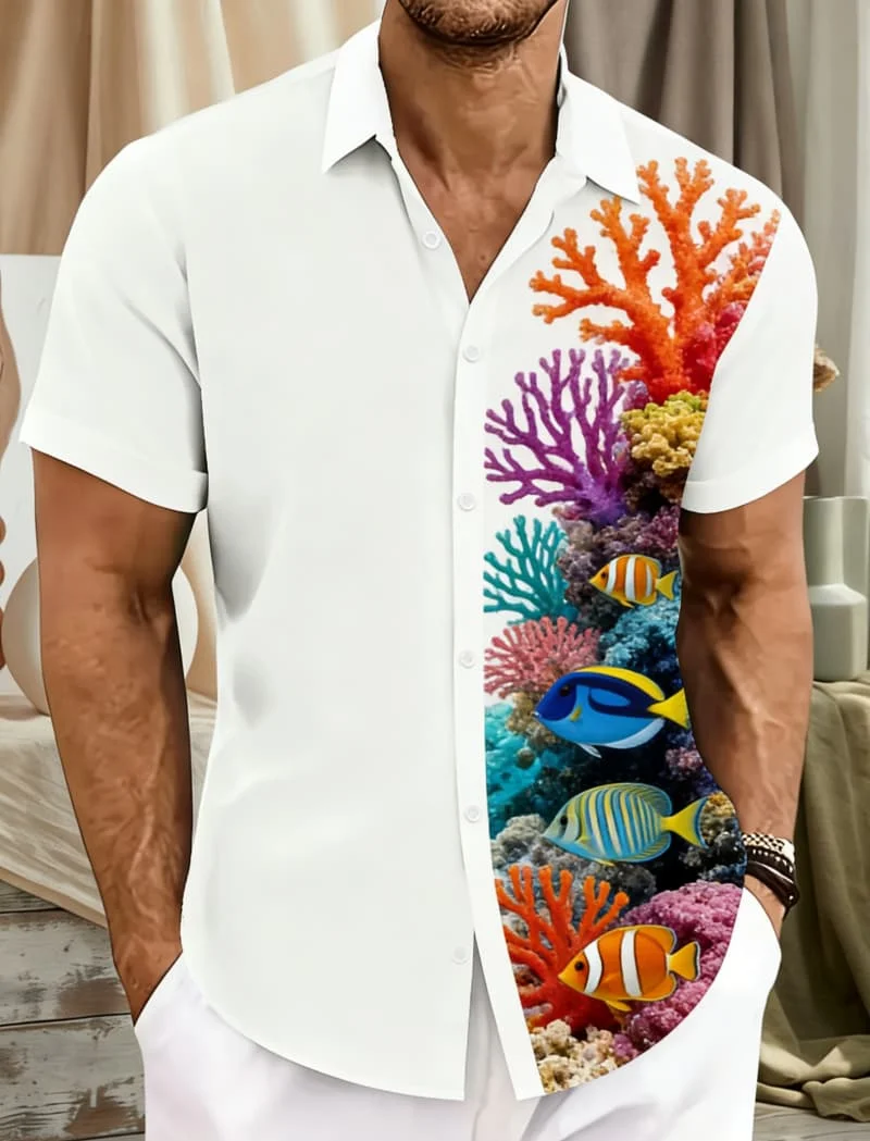 

Men's Fashionable Artistic Underwater World Short Sleeve Shirt - Tropical Fish & Coral Turtle Print Casual Top For Holiday Wear