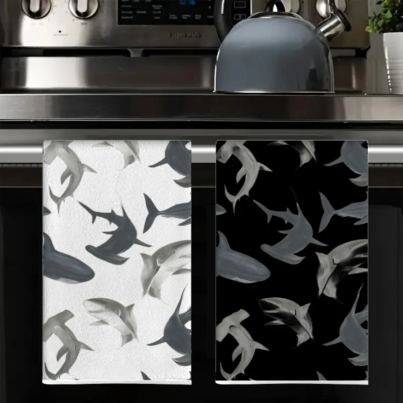 2Pcs, Black and White Shark Kitchen Towels, 40Cm*60Cm Towel Set, Best Kitchen Towels, Super Absorbent Soft Cleaning Cloth, Cooking and Baking Tea Towels, Hand Towels, Cleaning Cloths, Dishcloths, Kitchen Decor, Living Room Decorations, Kitchen Essentials, Home Essentials