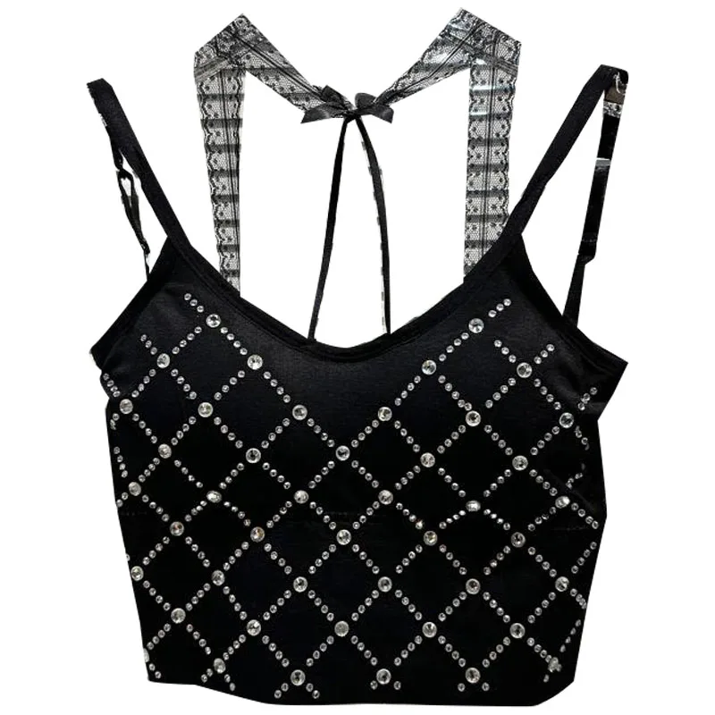 2024 Spring Summer New Sexy Socialite Lace Halter Diamond Lattice Hot Rhinestone Chest Pad Bandeau Sling Camisole Top for Women