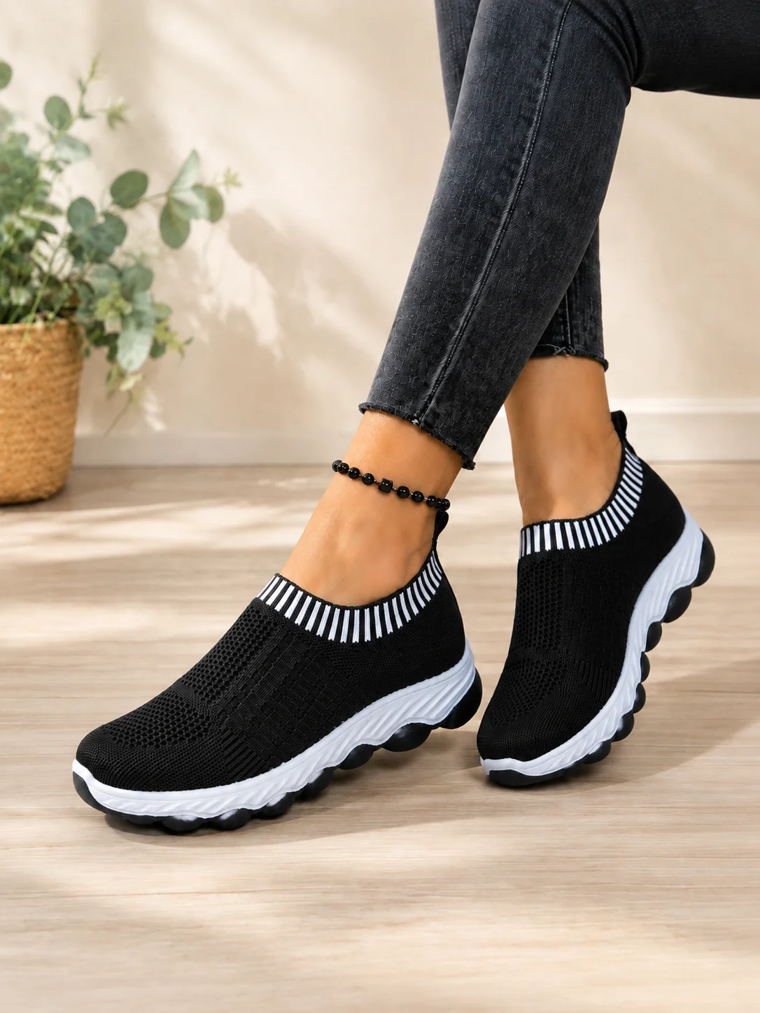Frühling Herbst Damen Slip-On Strick-Wanderschuhe Atmungsaktives Mesh Rutschfeste Plattform Weiche Sohle Komfortable Orthopädische Freizeitsneaker – Detail 8