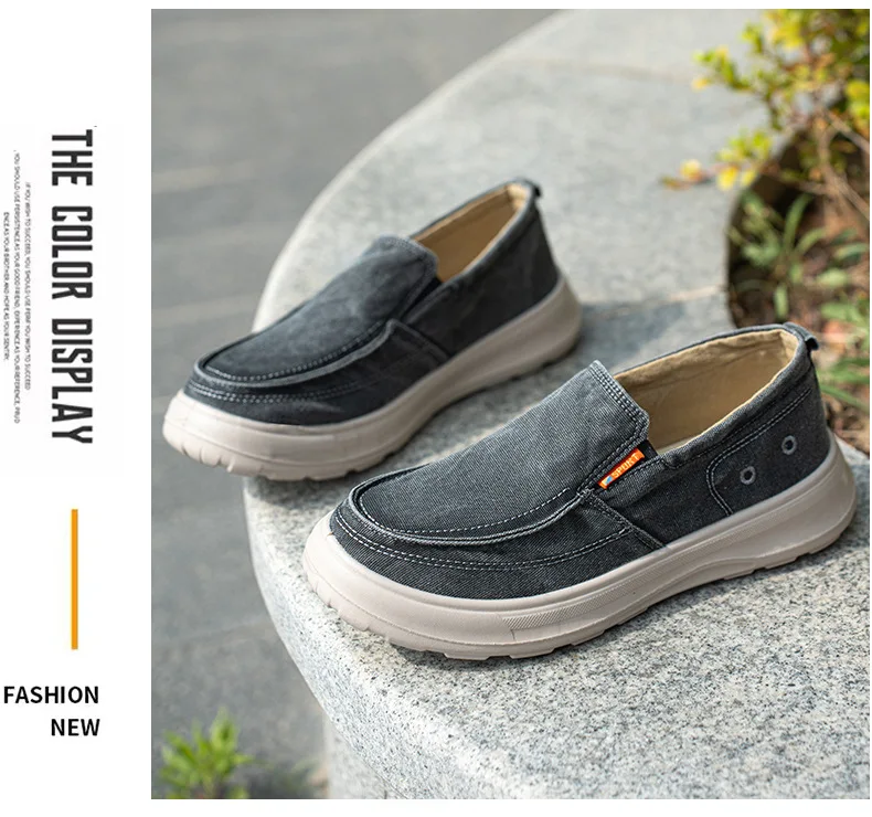 Herren-Slipper aus Canvas, lässige Schuhe, weiches Denim-Obermaterial, atmungsaktives Baumwollfutter, rutschfeste, dicke Sohle, bequeme Loafer zum Gehen. – Detail 15
